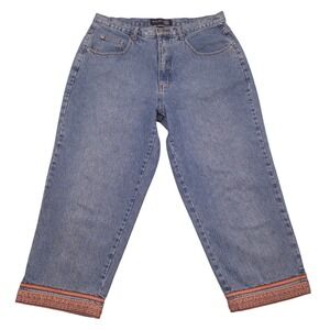 VTG Y2K VENEZIA Blue Denim Jeans Embroidered Hem‎ Cropped HIPPIE BOHO Women 18